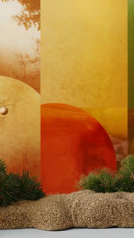 Minimalist Festive Installation Showing Branch Sliding Across Yellow Panels with Gold Baubles