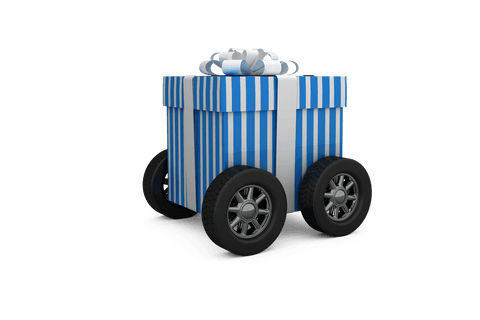 Blue Striped Gift Box on Wheels Transparent Background
