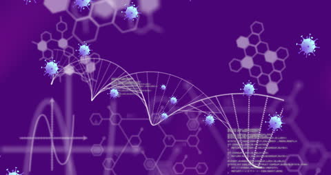 Digital Render of DNA Strand with COVID-19 Cells on Purple Background