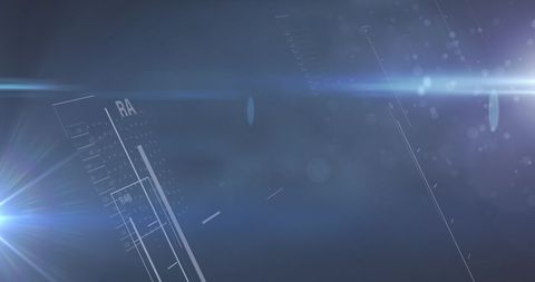 Digital interface with data points and light flares on black background