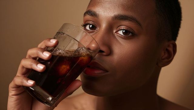 Close-up adult woman drinking cola from glass tumbler with ice warm skin studio portrait