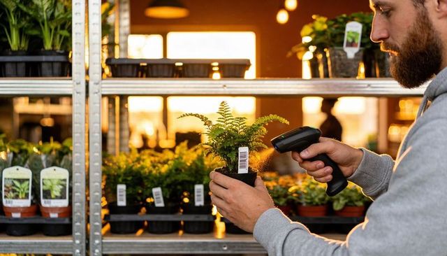 Retail worker scanning plant barcode at greenhouse nursery during golden hour