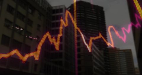 Neon financial graph lines overlaying urban highrise canyon for stock market visualization