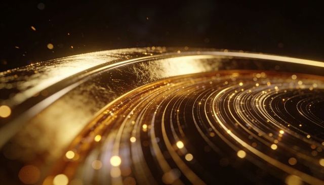 Glittering concentric gold rings curved metallic grooves with warm bokeh
