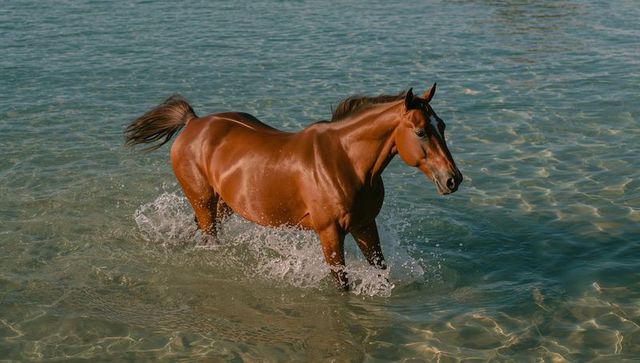 Bay horse strolling through clear water