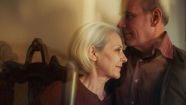 Senior couple embracing at home, warm intimate moment showing tenderness and connection
