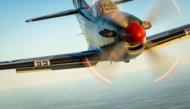 Classic wwii fighter banking over open ocean at golden hour with spinning red spinner