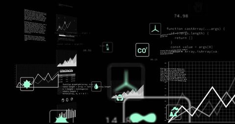 Futuristic Neon Energy Dashboard Showing Turbine Icon, CO2 Readout, Code Snippets and Data Charts