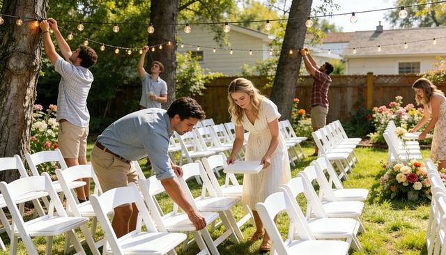 Preparing backyard wedding seating under string lights with volunteers arranging chairs