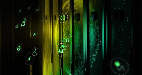 Glowing green server rack displaying floating energy icons visualizing CO2 in data center