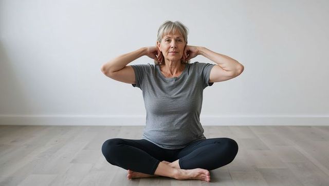 Mature woman practicing seated yoga neck stretch at home for healthy aging and mobility