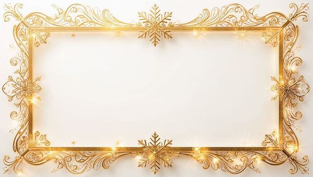 Luxurious gold filigree rectangle frame with snowflake accents and twinkle lights