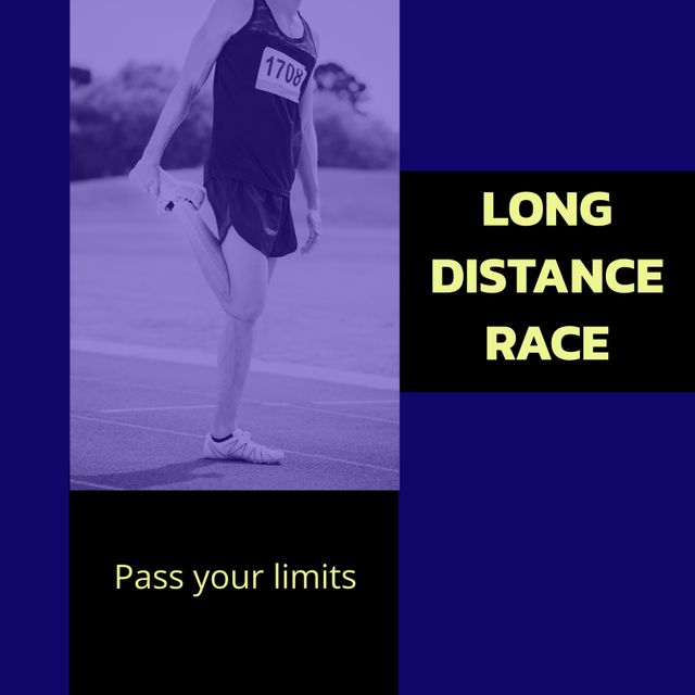 This image is perfect for fitness and sporting event promotional materials, gym motivation posters, and wellness blogs. It captures a male runner stretching on a track with motivational text, ideal for inspiring athletes and promoting running events.