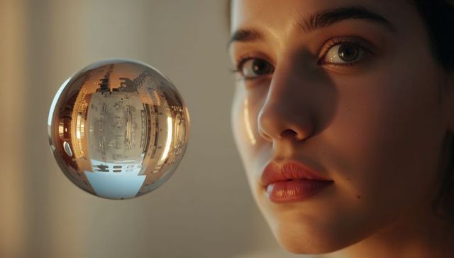 Gazing woman watching floating chrome orb reflecting warm golden light closeup portrait