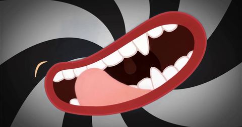 Surreal red lips with fanged teeth and tongue against hypnotic black-and-white spiral
