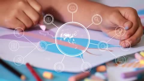 Child Drawing with Chalks and Digital Icons of Technology on Paper