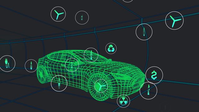 This visually striking digital graphic illustrates a 3D model of an electric vehicle surrounded by vibrant, dynamic digital icons within a sleek tunnel backdrop, emphasizing themes of sustainability and modern technology. Perfect for use in articles or presentations about electric vehicles, advancement in renewable energy, or future-focused sustainable transportation. The visual allegory can greatly enhance educational media or marketing materials centered on a tech-driven future.