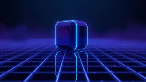 Futuristic Neon Cube on Grid with Purple Haze and Glow