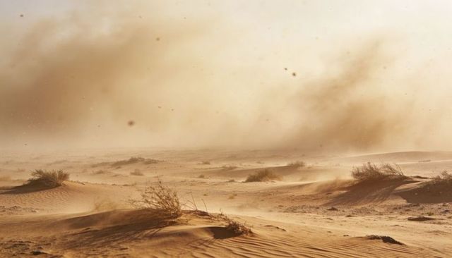 Wind sweeping sand dunes with scattered desert scrub, dust haze over arid horizon