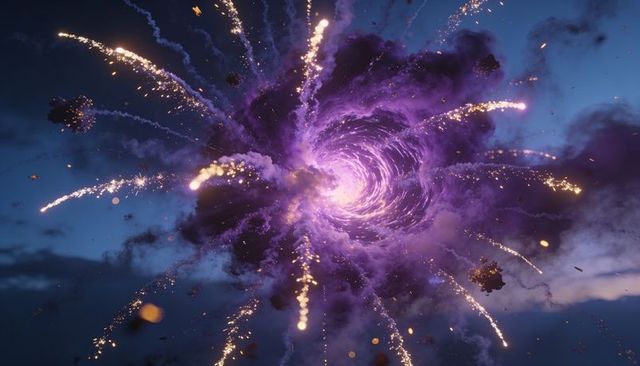 Swirling violet portal ejecting golden sparks and floating debris across twilight sky