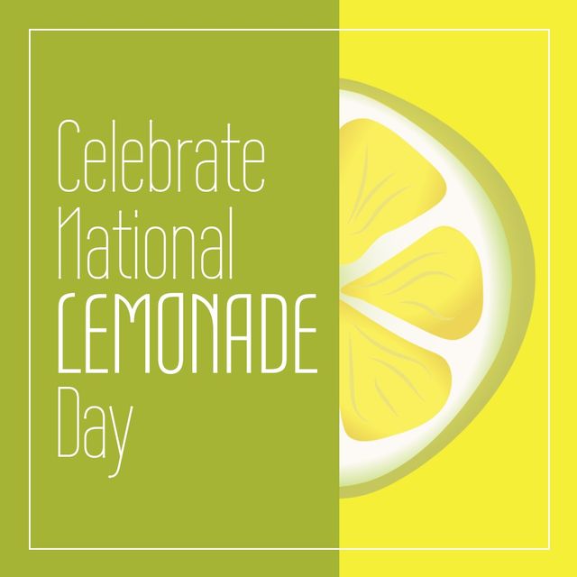 This vibrant illustration featuring a lemon slice and typography for National Lemonade Day is perfect for holiday promotions, social media posts, event flyers, and web advertisements. The combination of green and yellow colors evokes freshness and cheer, making it ideal for summer-themed marketing and festive announcements.