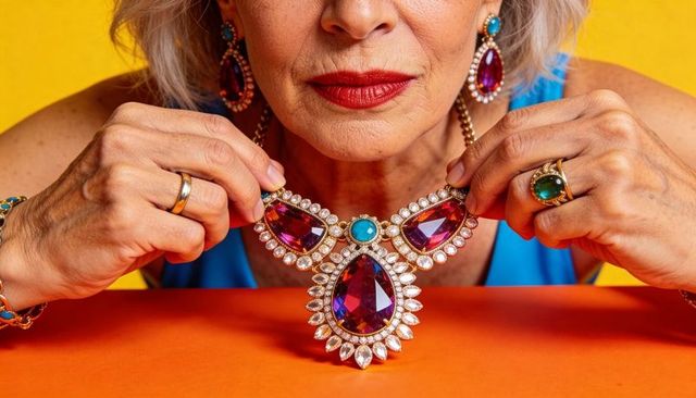 Senior woman holding purple turquoise statement necklace close-up luxury jewelry portrait