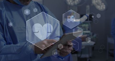 Surgeon Using Tablet in Operating Room with Medical Icons Overlay