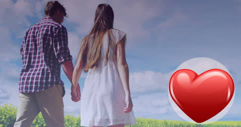 Romantic Stroll in Meadow with Heart Icon Overlay