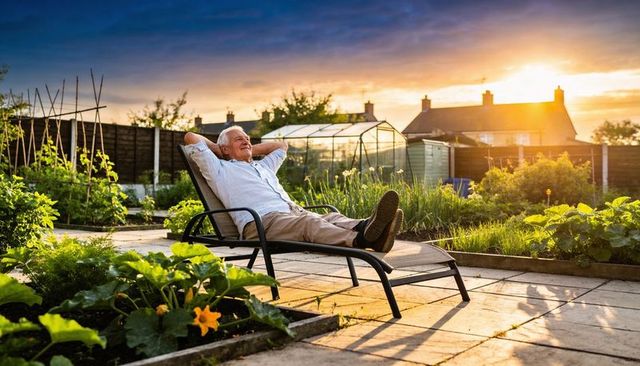 Senior man relaxing on garden lounger at sunset with raised beds and greenhouse
