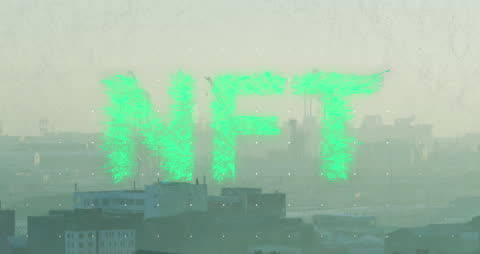 Digital NFT Animation Over Urban Cityscape