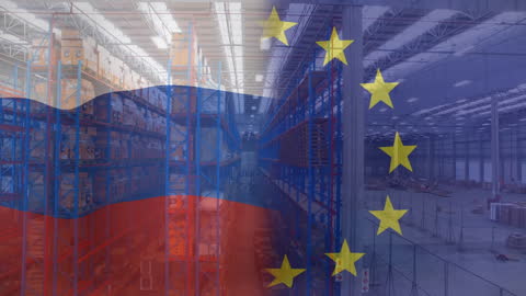 Russia and EU Flags Overlaid on Modern Warehouse