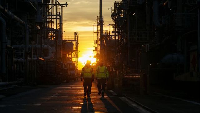 Industrial workers walking at sunset through refinery corridor with piping silhouettes