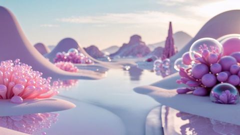 Surreal Pink Landscape with Bubble Clusters and Reflective Water