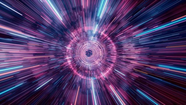 Futuristic neon vortex with digital radial streaks