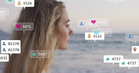 Woman Gazing at Beach with Floating Social Media Icons
