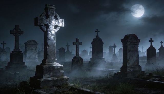 Moonlit celtic cross tombstone reflecting cold moonlight over misty graveyard at night