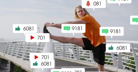 Athlete Stretches with Social Media Notification Overlays