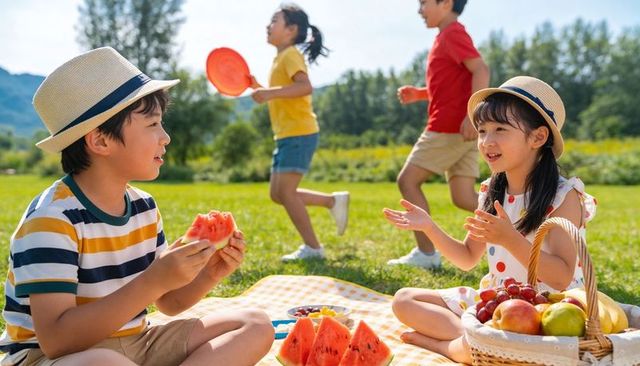 Children sharing watermelon on sunny picnic blanket while friends play frisbee in meadow