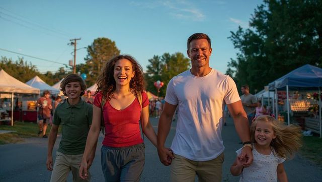 Sunlit family walking hand in hand through lively outdoor market fair during golden hour
