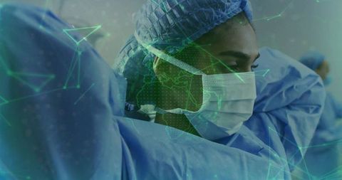 Healthcare Professional Adjusting Surgical Cap with Digital Overlay