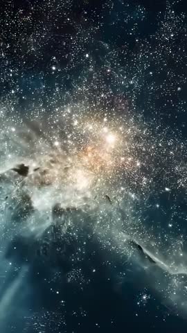 Panning through dense star cluster and glowing nebula vertical space video for cosmic backgrounds