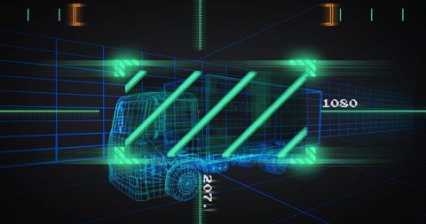 Futuristic wireframe semi-truck in 3d digital grid with scanning interface