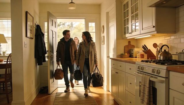 Couple carrying duffel bags entering warm home kitchen and entryway at daylight