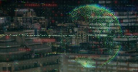 Holographic Globe Displaying Data Codes Over City Skyline at Dusk