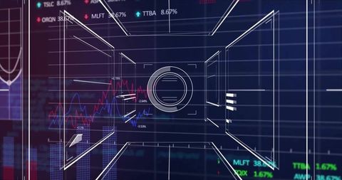 Futuristic Data Visualization with Stock Tickers and Line Graphs