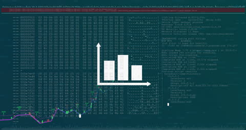 Animated Diagram with Data Processing and Graph on Blue Tech Background