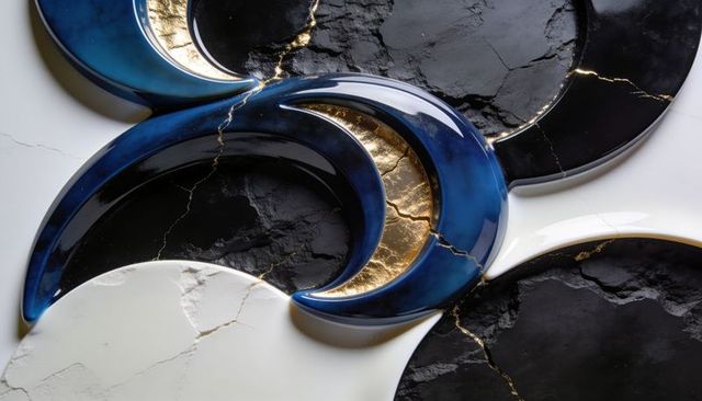 Glossy blue crescent inlays shining with gold veins on cracked black and white marble