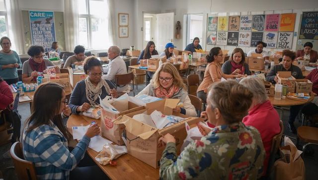 Volunteers packing healthy food boxes in community room for nonprofit donation drive
