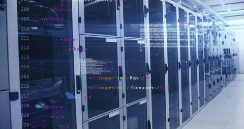 Futuristic data center corridor featuring code overlay