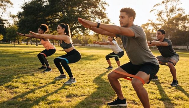 Group training with resistance bands on sunlit park lawn during golden hour